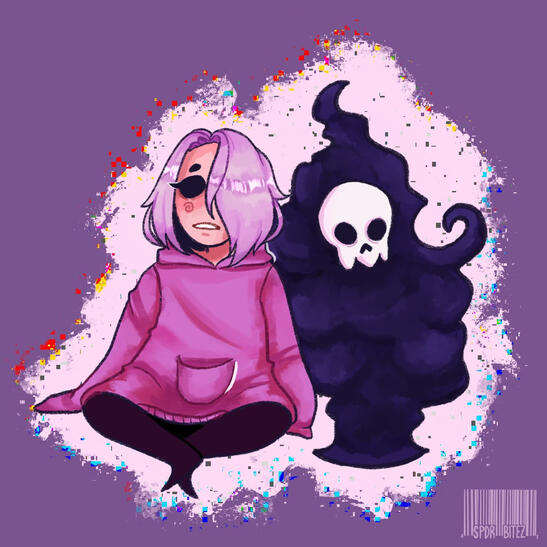 Girl with purple hair next to a blobby death fellow.
